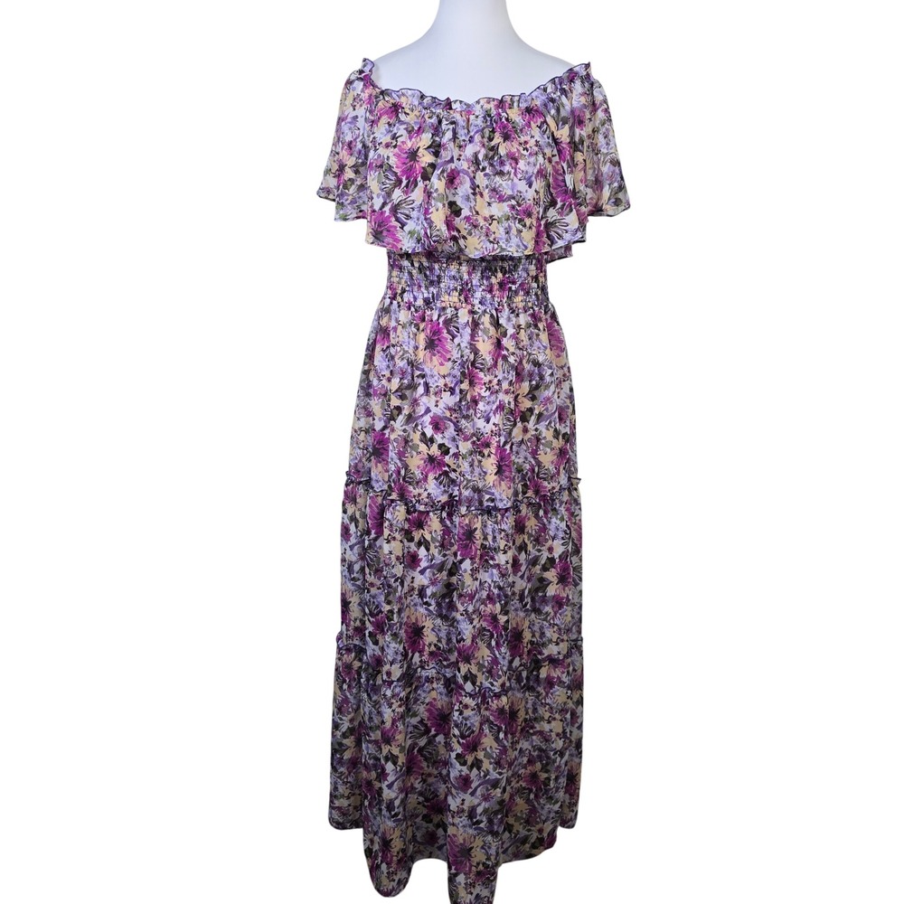 Rabbit Rabbit Rabbit Designs Purple Floral Off Shoulder Smocked Maxi Dress Sz 10